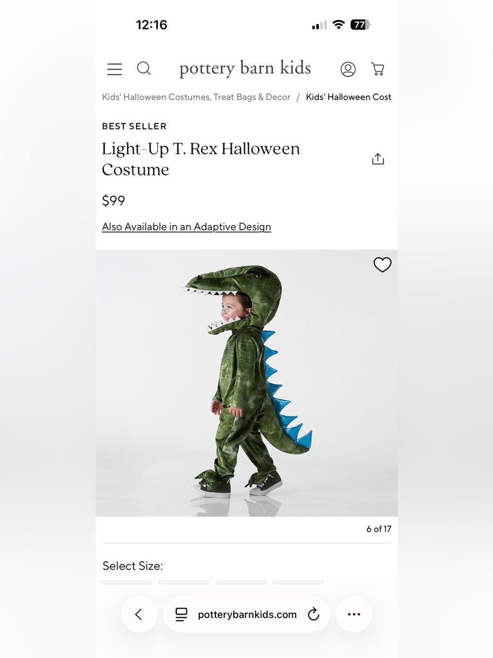 Pottery Barn Kids Light Up T. Rex Costume (3T)